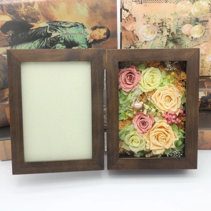Natural Everlasting Preserved Flower Red Rose Gift Wood Photo Frame for Wedding Decoration gift