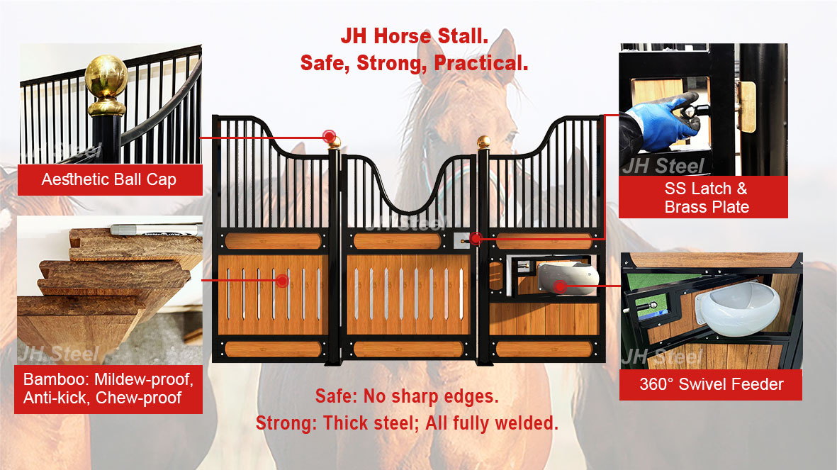 10 Feet 12 Feet 14 Feet Black Powder Coated Horse Stall Fronts Filling Bamboo