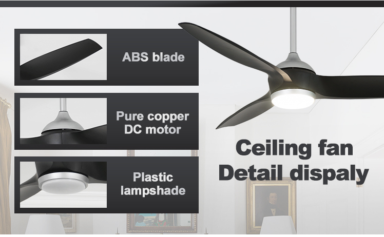 Modern 52 Inches Black ABS Blades High Air Volume Remote Ceiling Fan with LED Light Source