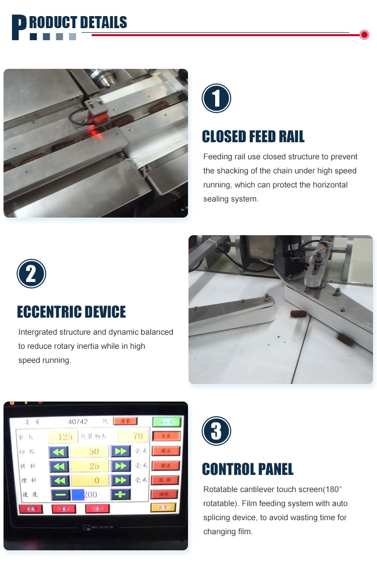 Three Servo Control Horizontal Automatic Food Pouch Packing Machines For Biscuit