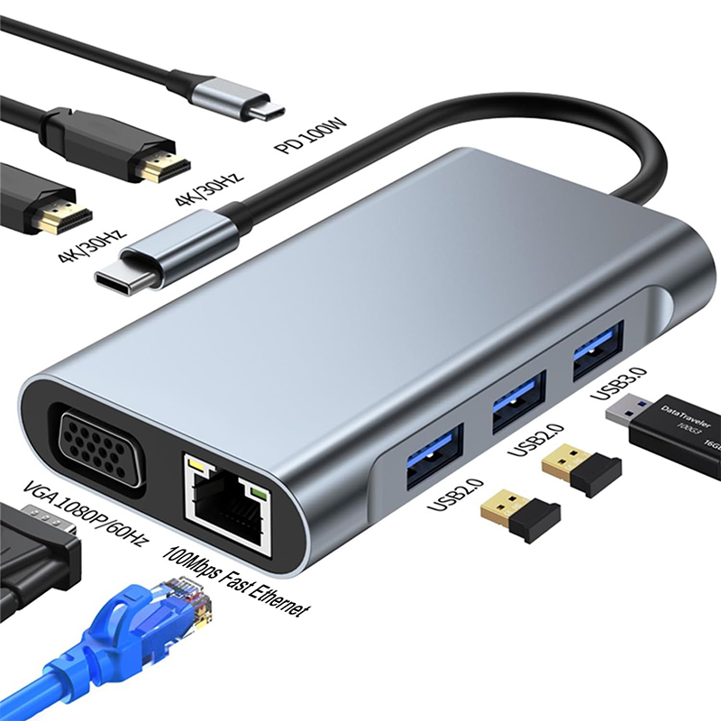 Multi Function 8-In-1 USB-C USB C Docking Station with Dual 4K HDMI and 2 HDMI Ports Gray