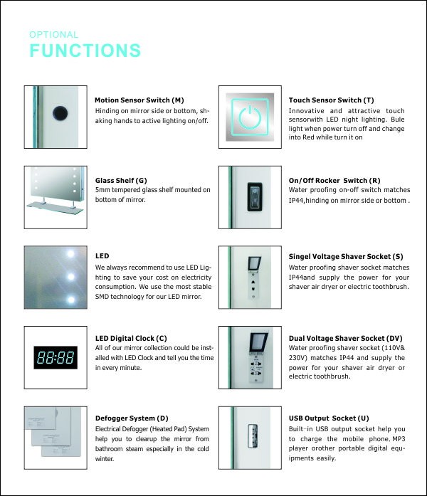 Wall or Standing Installation LED Backlit Glass Bathroom Mirror with Illumination