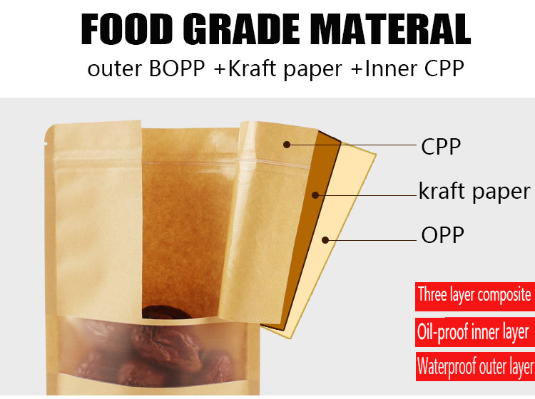 Gravure Printing Kraft Paper Bag With Clear Window Food Grade With Zipper Moisture Proof