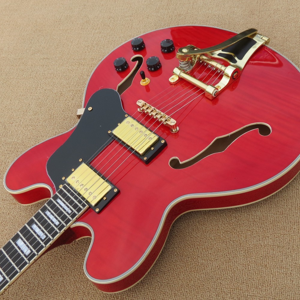 Hollow body electric guitar quilt flame on body top and back ,Natural wood color,gold hardware