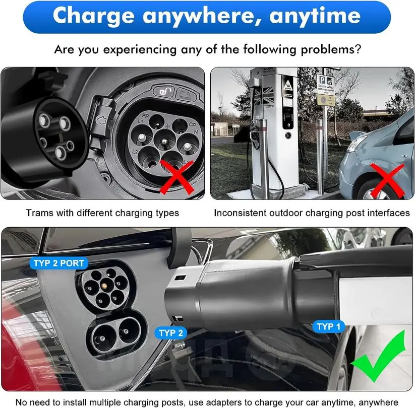 16A 32A Electric Vehicle Charging Adapter J1772 To IEC62196 EV Type 1 To Type 2 Adaptor