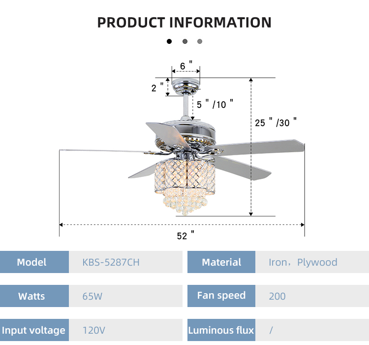 Decorative 2000 lumen Home Metal Blade Ceiling Fan Chandelier 90lm/w