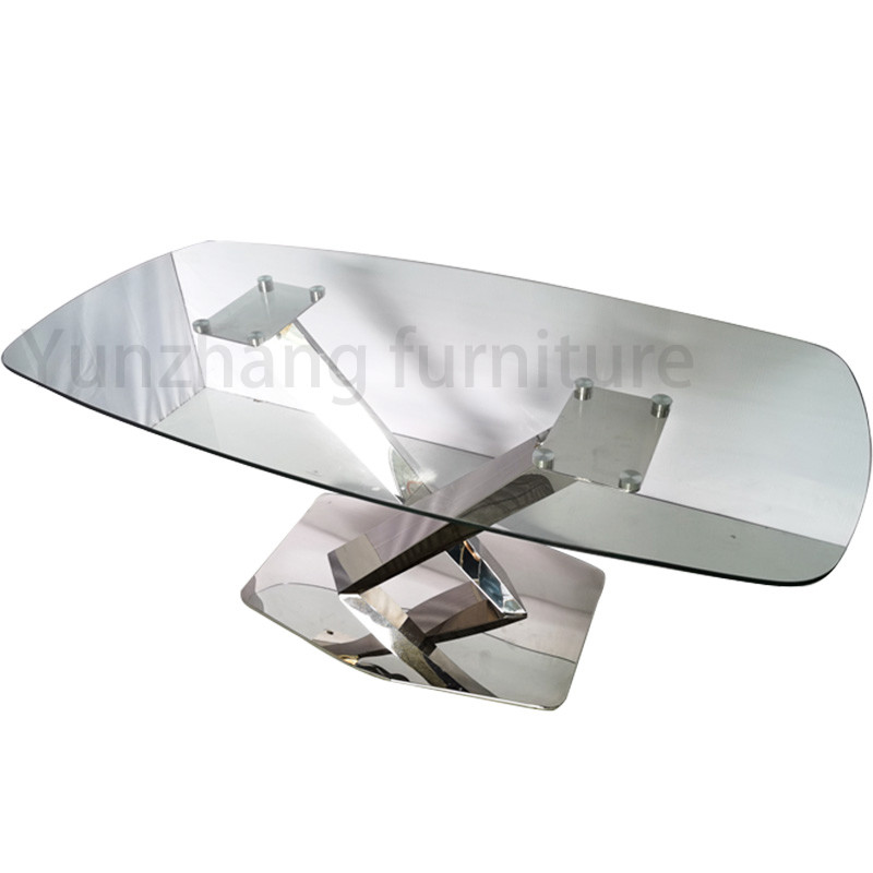 Simple Luxury Modern Dining Tables Clear Tempered Glass Mirrored Silver Finish