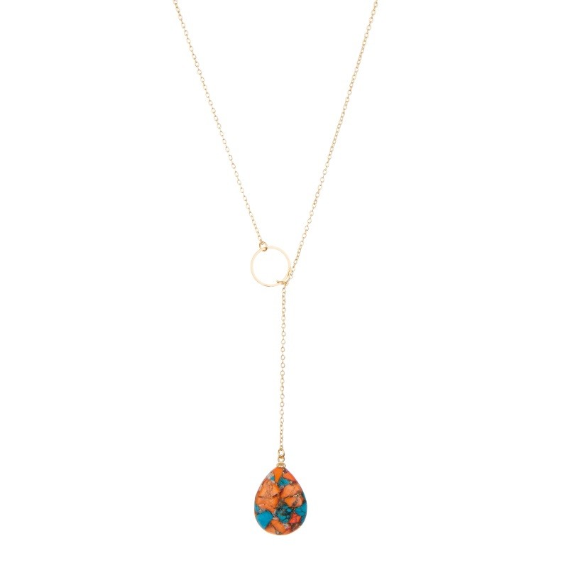 Natural Turquoise Handmade Gold Chain Necklace With Drap Shaped Pendant