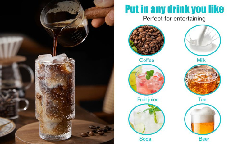 Factory Direct Retro Embossed Coffee Crystal Clear Glass Cup