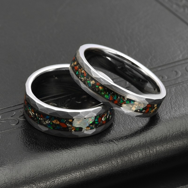 Third Party Appraisal Dinosaur Bone Meteorite Inlay Tungsten Carbide Ring 8mm Silver Hammered Mens Fashion Wedding Ring