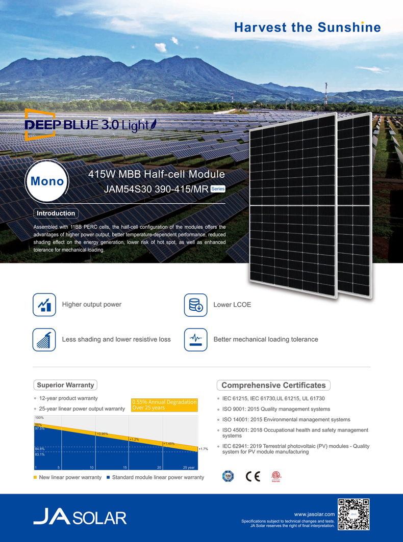 JA Jam54S30-410/Mr Half Cell JA PV Module Solar Panel 390W 410W Black Frame Panel