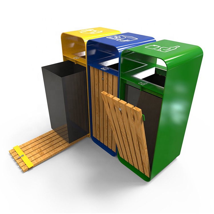 Customized Factory Outlet Outdoor Recycling Bin Garden Park 3 Compartments Wooden Waste Bin Rectangular Shape WPC Trash Bin