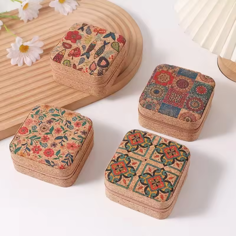 Luxury vintage printed cork jewelry box Portable travel earrings ring necklace storage box