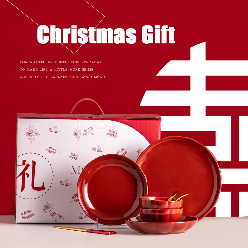 OEM And ODM Red Glaze Christmas Dinnerware Set Ceramic Bowl Porcelain Plate For Presents Occasion
