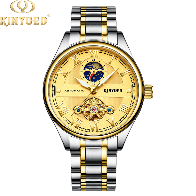 Buckle Clasp Skeleton Mechanical Watch Gold Dial Moon Phase 3 Pointers