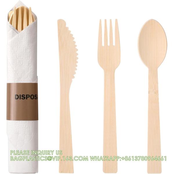 Quality Pre Rolled Bamboo Cutlery Pack Bamboo Utensils (6.7" 25 Forks 25 Spoons 25 Knives 25 Napkins) Compostable Flatware for sale