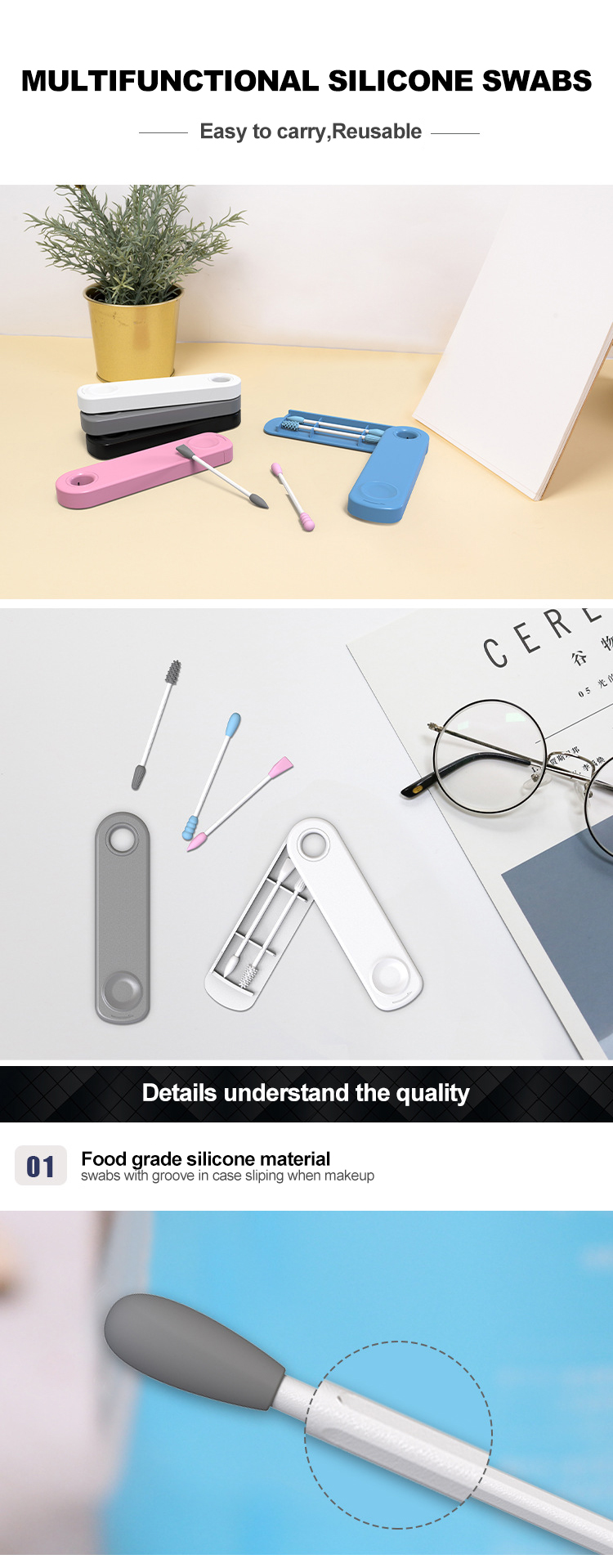 Portable Double-headed Reusable Ear Stick In Box Makeup Silicone Cotton Swab