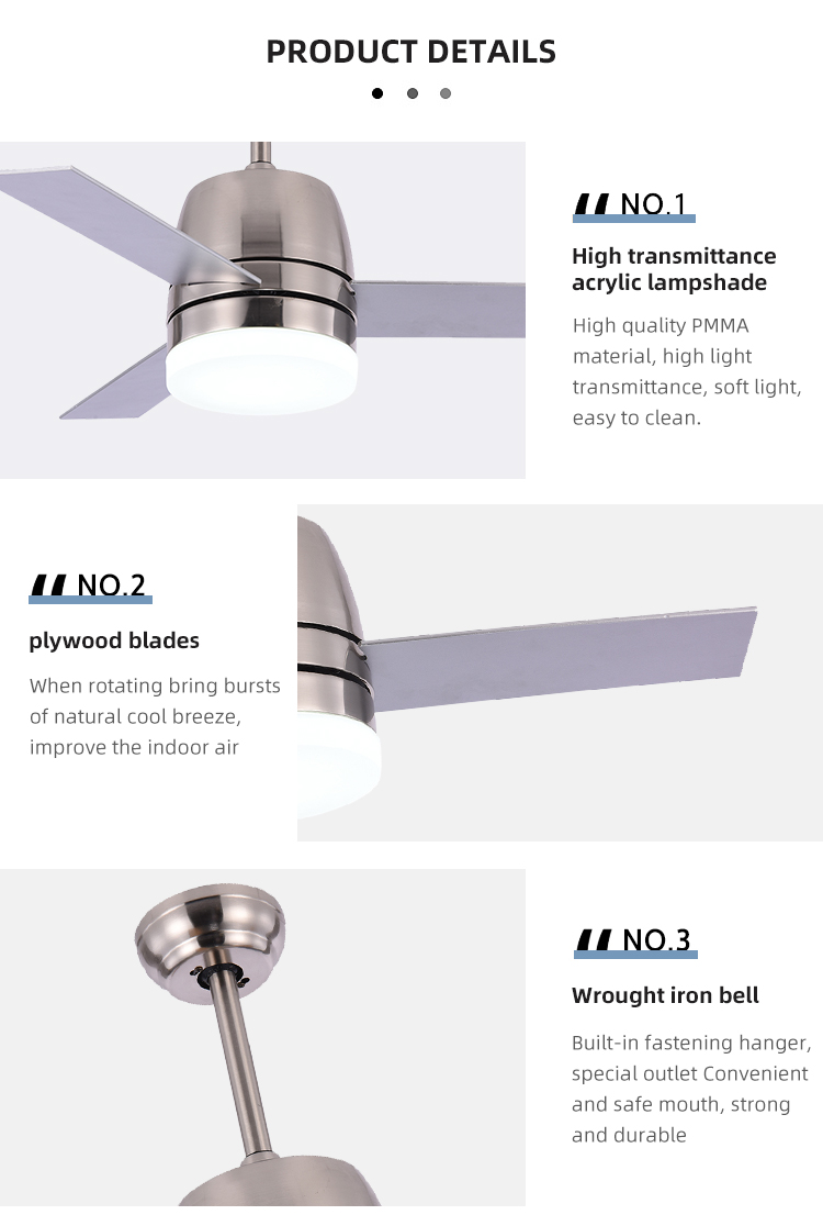 65W 3000K 36 Inch Ceiling Fan Light Iron 3 Blade Metal Ceiling Fan