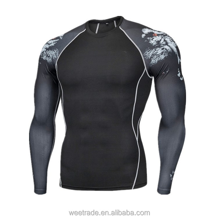 Tight printed stretch mens sports wear gym wear fitness black sports tshirt for men