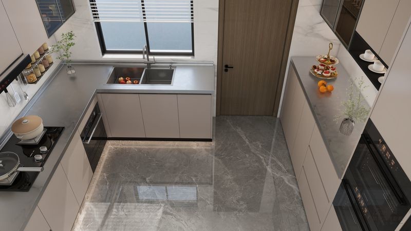 L-Shaped Beige Modern Stainless Steel Kitchen Cabinets With Glass Doors Design