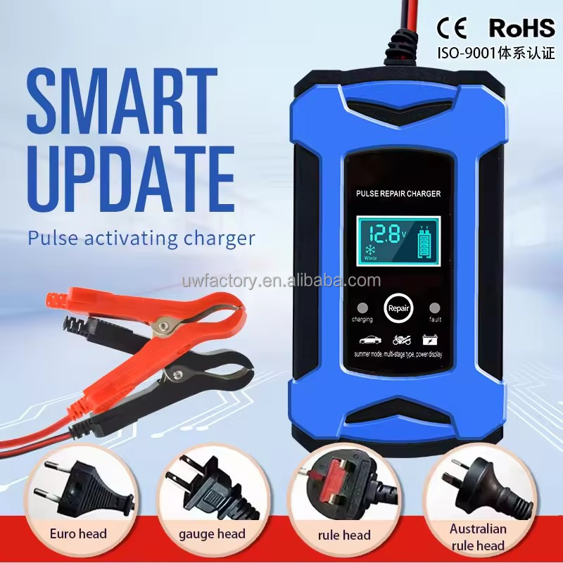 Sales 12V 6A 7 Version Motorcycle UPS Car Battery Charger Pulse Repair with LCD Charger EU Plug US Plug UK Plug SCP Input