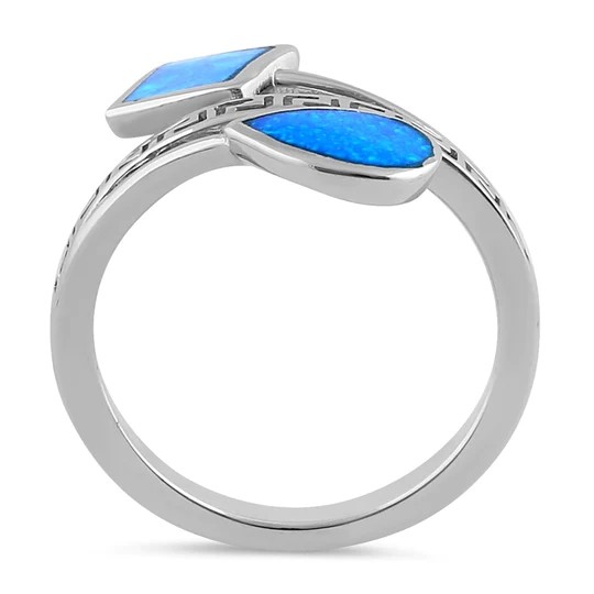 Sterling Sliver 925 Ancient Greek Meander Key Modern Wave Design Blue Opal Ring For Women