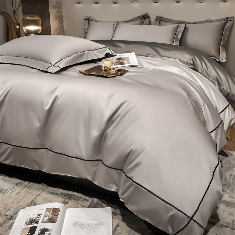 Home 200-Count Tencel Embroidered Double-Sided Ice Silk Sheets and Silk Smooth Nude Quilt Bedding Set