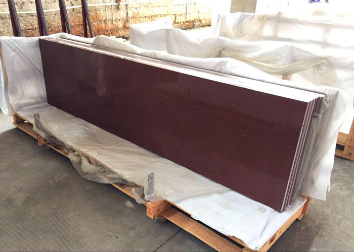 Red Sparkle Quartz Kitchen Countertops 26'' Wide Eased Edge Without Sink Hole