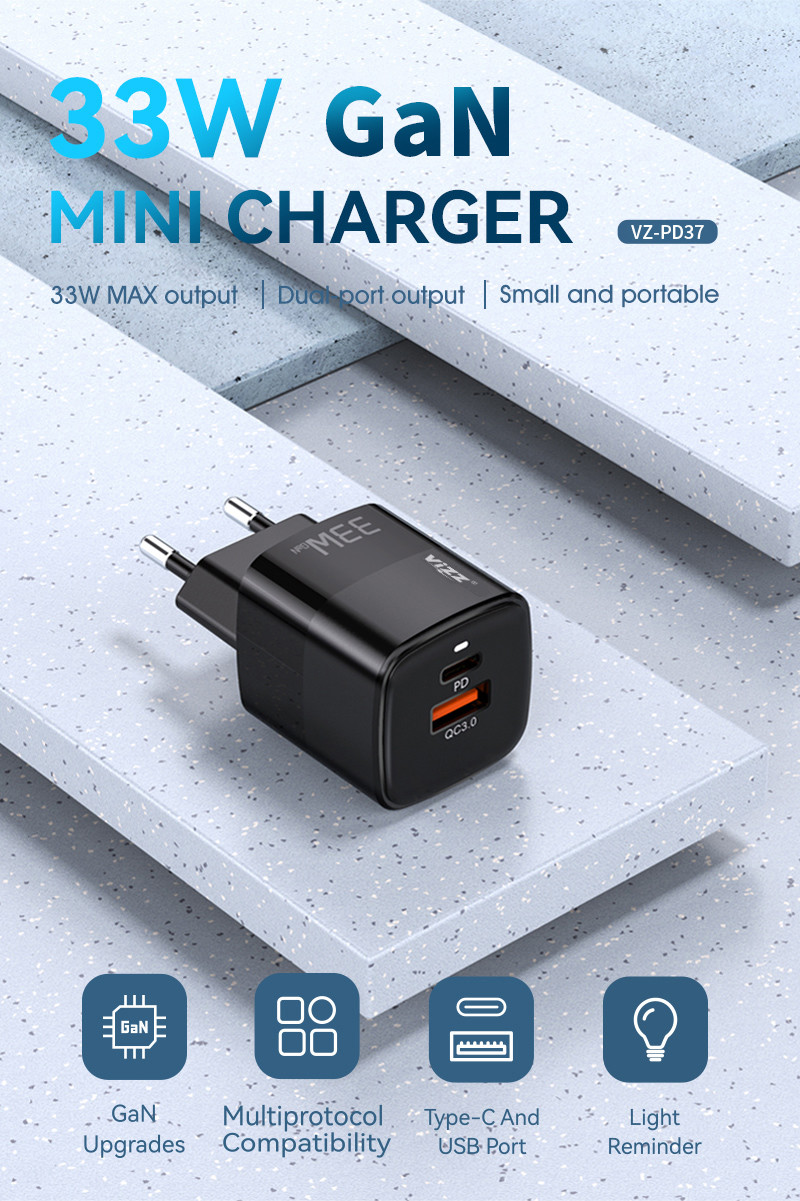 Dual Port 33W GaN Wall Charger PD QC Fast Charging Charger With EU Plus