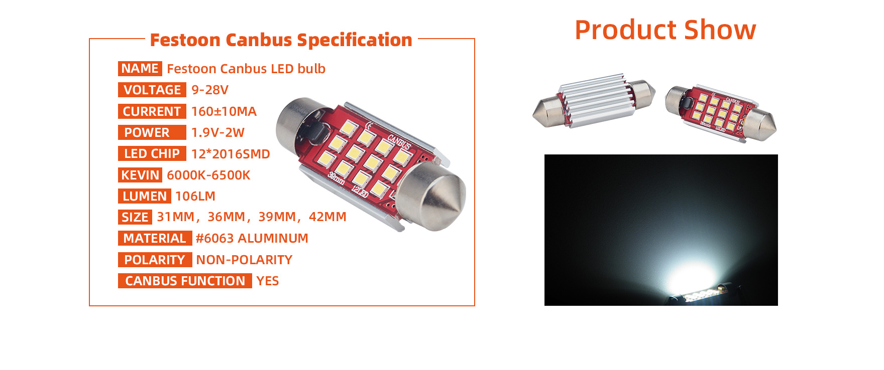 12*2016 SMD LED Interior Car Light Bulbs , 36mm Led Festoon Bulb For Dome Light