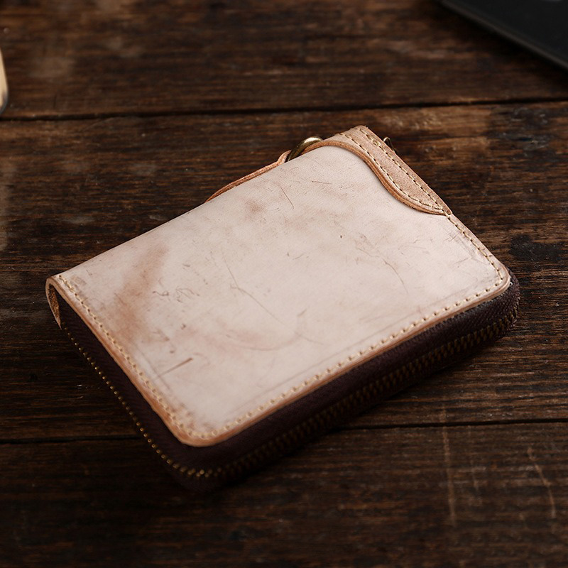 Japanese Style Hanging Ring Men's Short Wallet with Zipper and Vegetable Tanned Leather