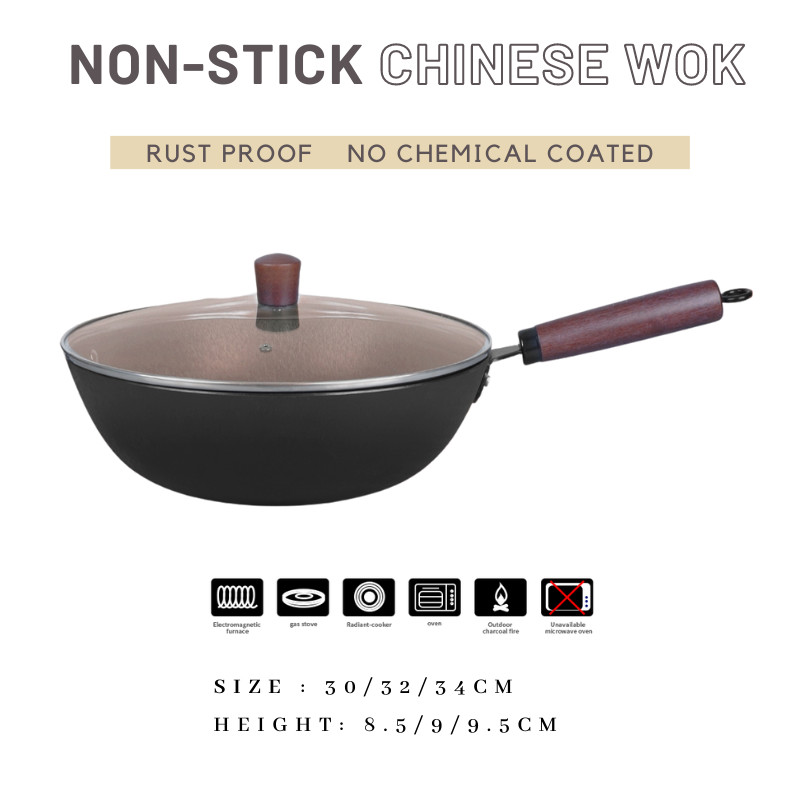 Non Stick Chinese Wok Pan Good Heat Retention With Wooden Handle