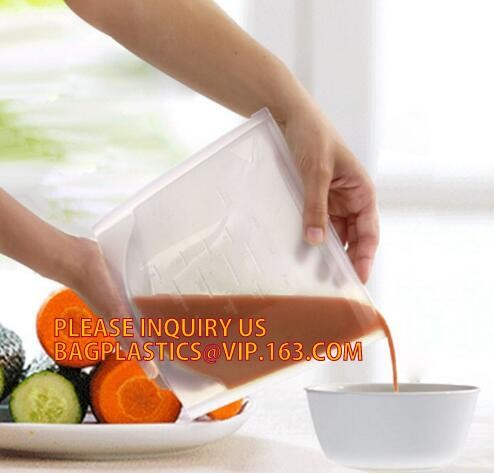 Storage preservation reusable silicone food bag,FDA reusable silicone storage food bag with Zip lockk in microwave bagease