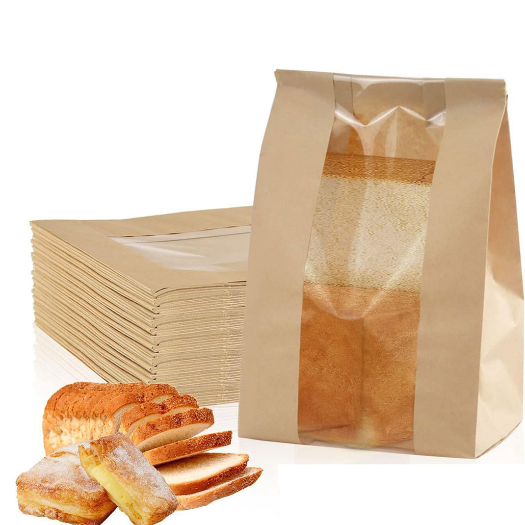 Custom Toast Bread Storage Kraft Paper Bag with Window Gravure Printed and Bio-degradable