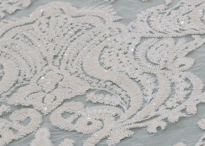 Ivory Sequin Lace Fabrics , Embroidered Bridal Lace Fabrics For Wedding Dresses