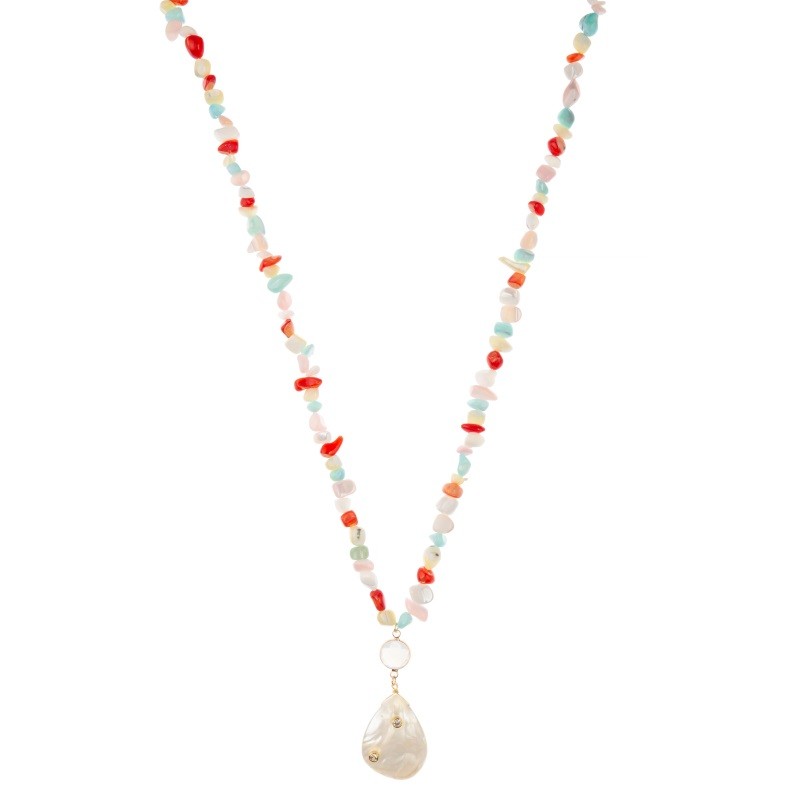Spring Handmade Beaded Chain Necklace With Multicolor Stone Beads Shell Pendant