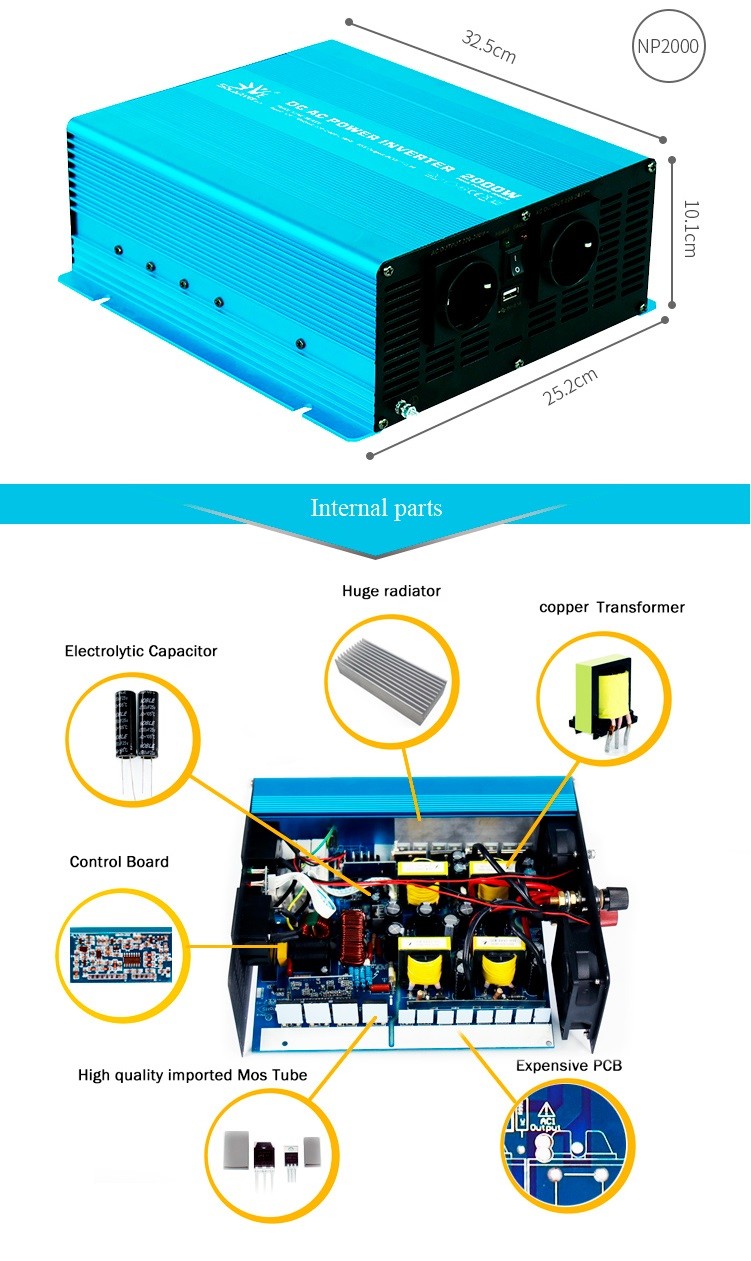 LED Digital Display Portable Pure Sine Wave Inverter Aluminum DC 12V To AC 220V