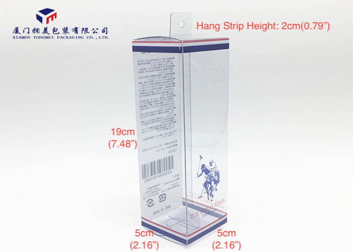 Eco Friendly Materials Clear PVC Packaging Boxes Hang Strip On Middle Of Top