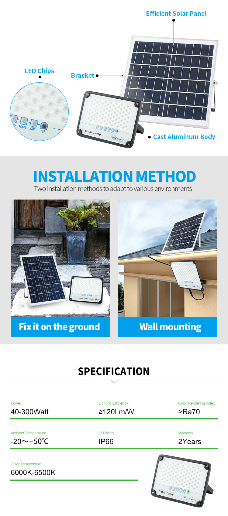 Outdoor 80ra 40watts Solar Powered Flood Lights High Voltage Protect