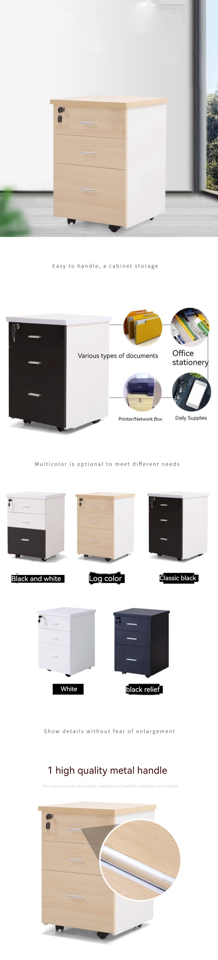 Versatile Three-Drawer Lockable Cabinet for Office File Storage and Mail Organization