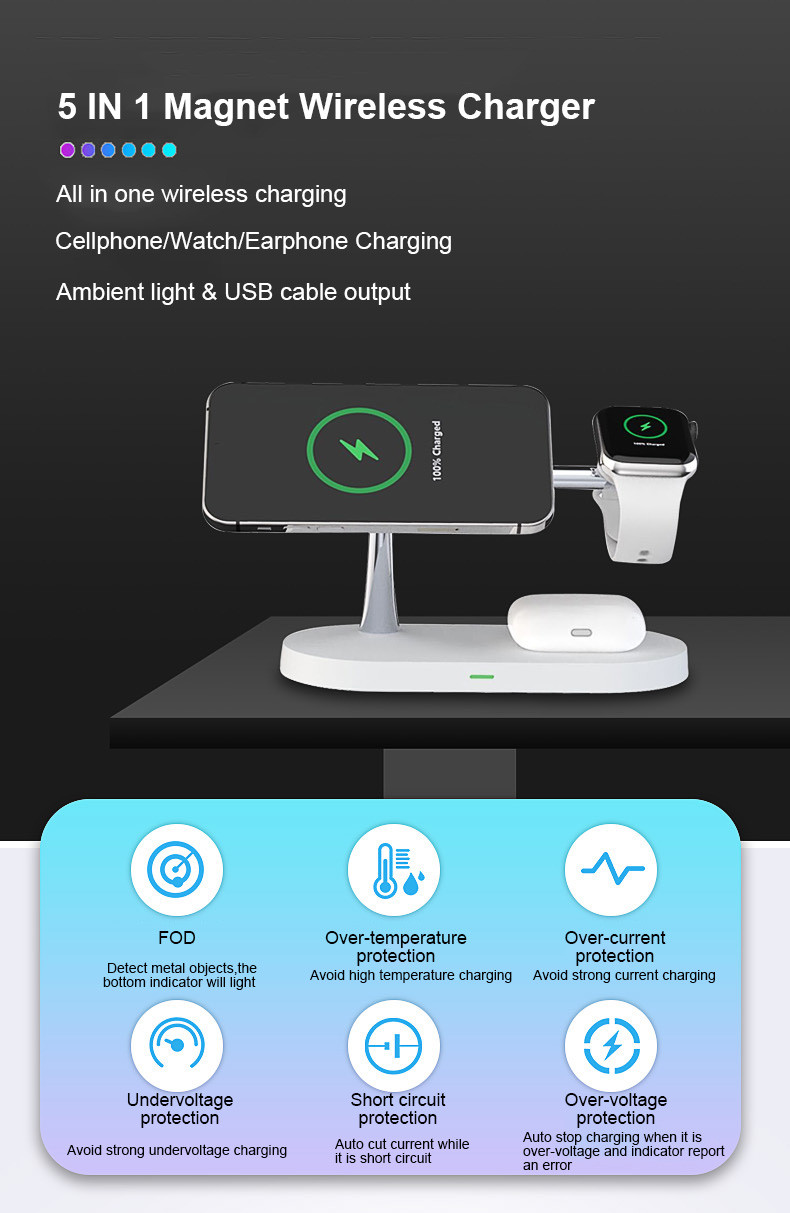 3W Earphone Charging 5-in-1 Magnetic Wireless Charger with USB Output CE/FCC/RoHS Approved