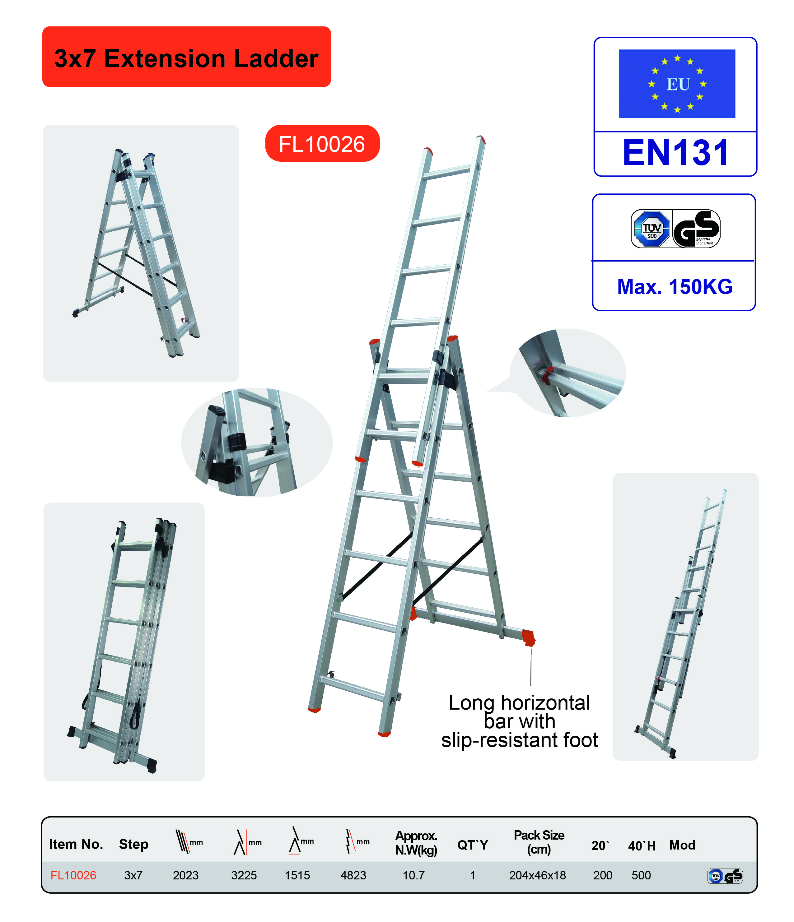 Professional Aluminum Extension Ladder 3x7 Anti Slip EN131 GS Certified
