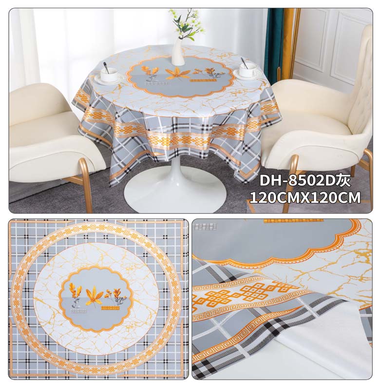 Customized PVC Round Plaid Tablecloth for 10 People White and Green Floral Pattern