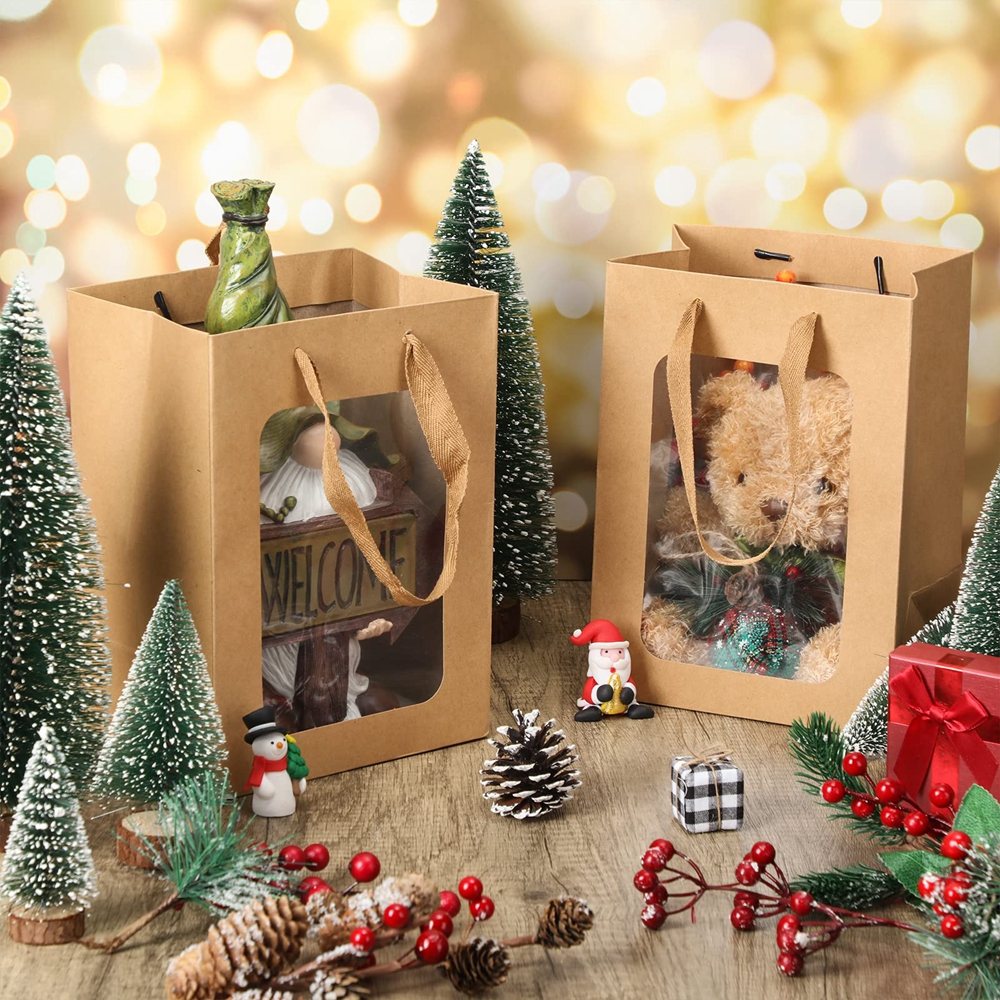 Custom Flower Gift Packaging Kraft Paper Bags With Transparent Window and Custom Logo