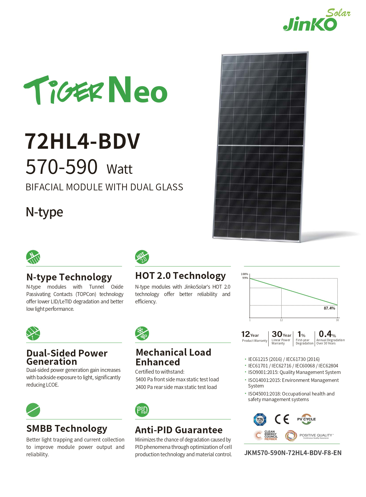 N-Type 590W Jinko Tiger Neo Tier 1 Solar Panels with Anti-Reflection Coating Front Glass