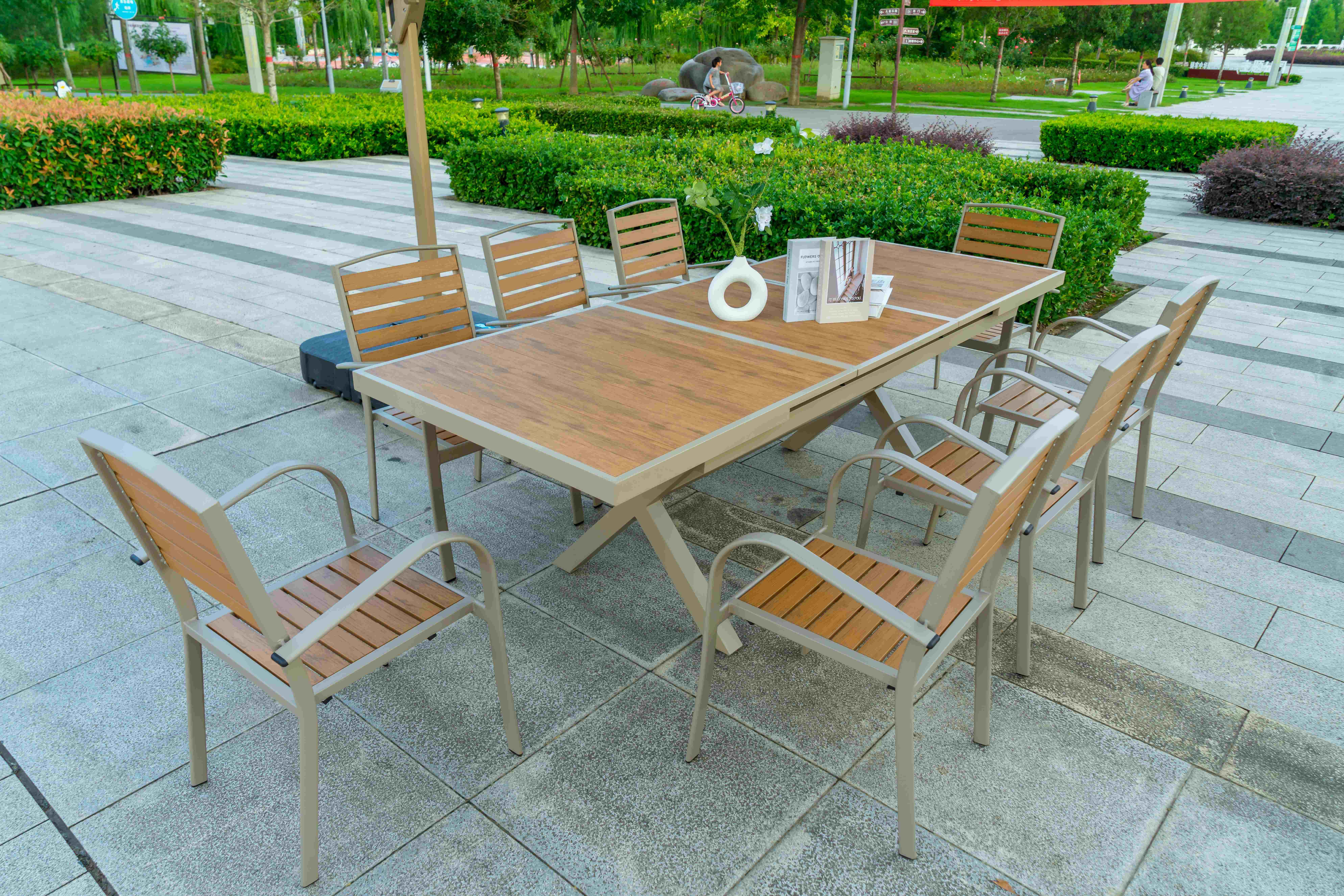 9 Pieces Plastic Wood Outdoor Restaurant Garden Tables Chairs Outdoor Furniture Patio Dinning Table Patio Furniture