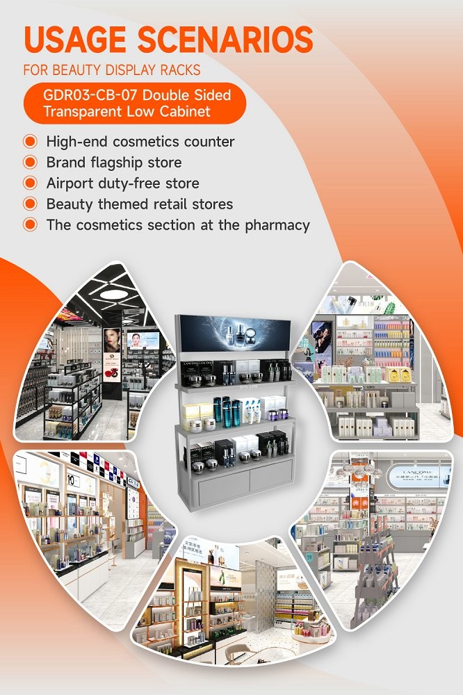 GDR03-CB-07 Double Sided Transparent Low Cabinet With 80mm Soft Film Light Box And LED Strip Lights For Fashion Boutiques