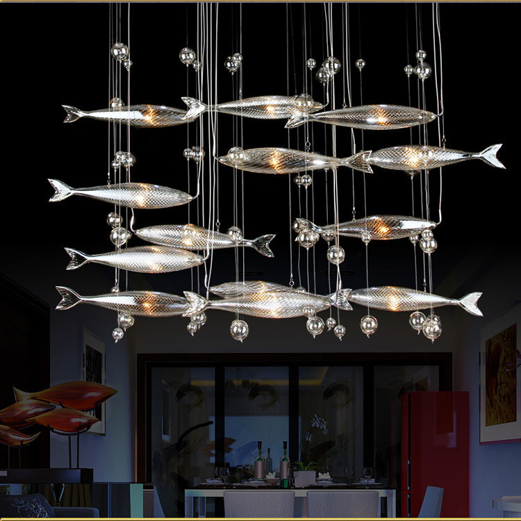 Chrome Or Silver G4 Glass Modern Pendant Light Fish Shaped Home Decoration