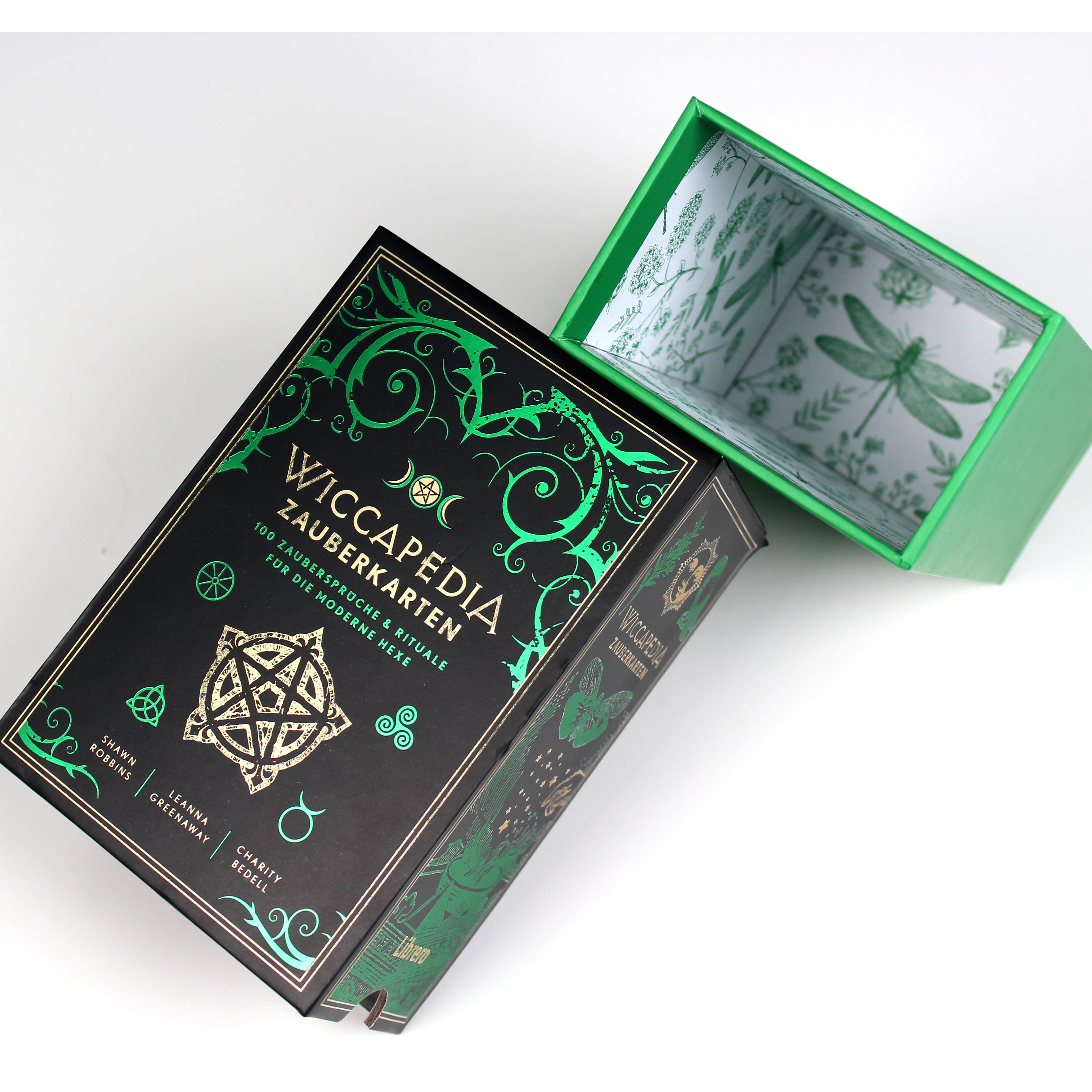 Rigid Sliding Box Paper Packaging With Tray And Green Foil Stamping For Magic Cards