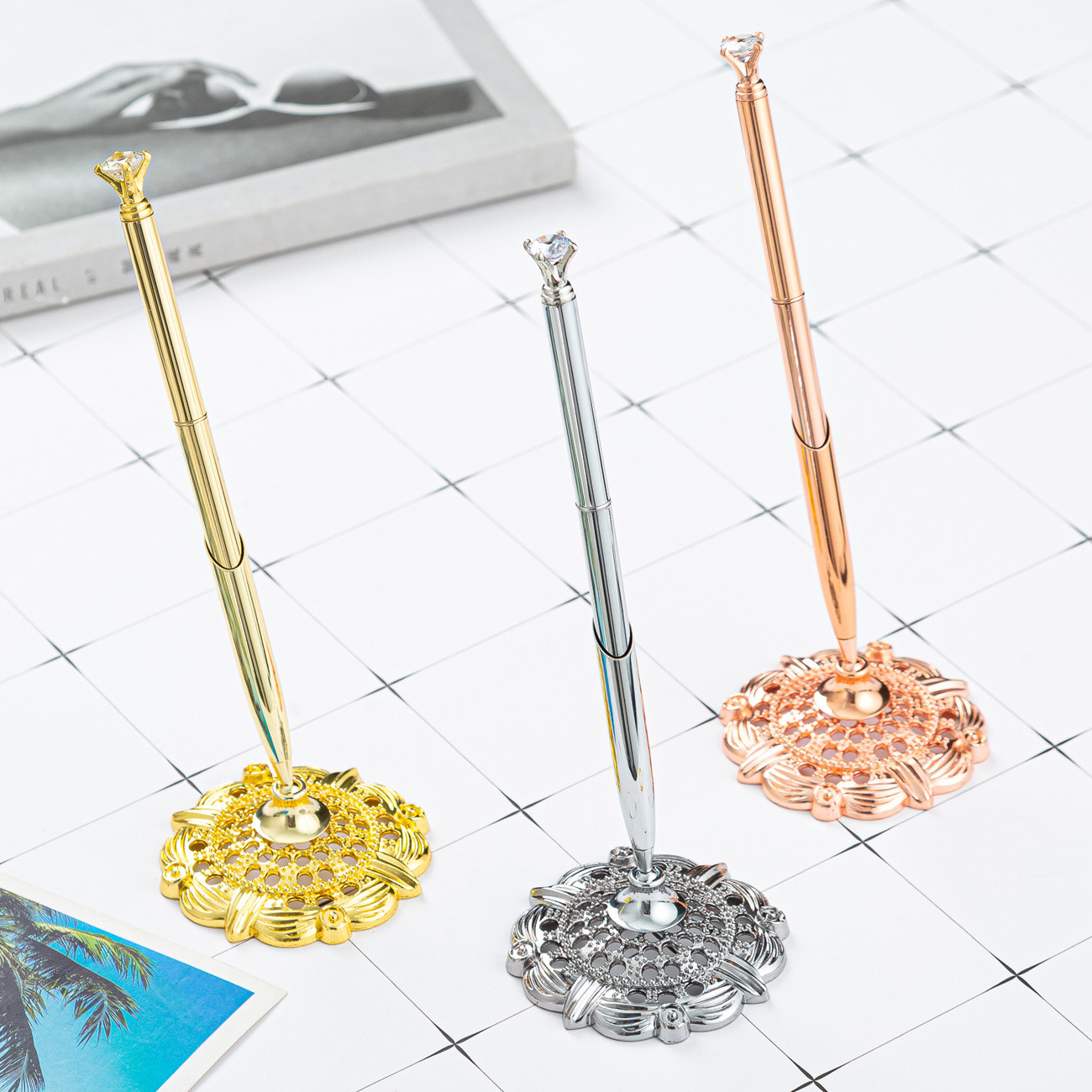 Diamond Table Stand Swivel Ball Pen Hotel Reception Rose Gold Silver Table Ball Pen